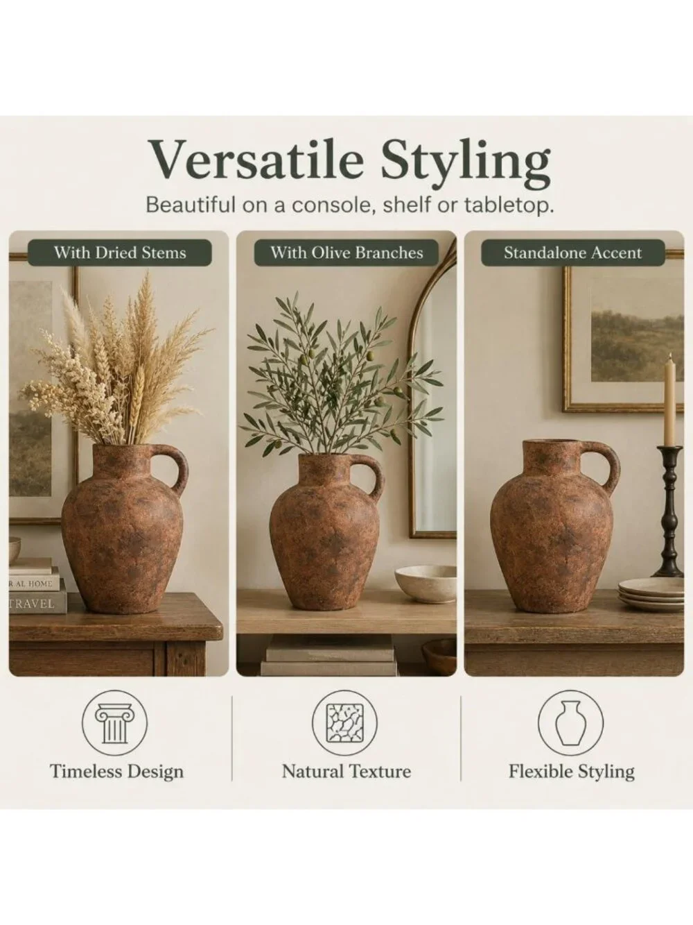 12in Vintage Terracotta Vase with Single Handle - Rustic Home Decor Accent
